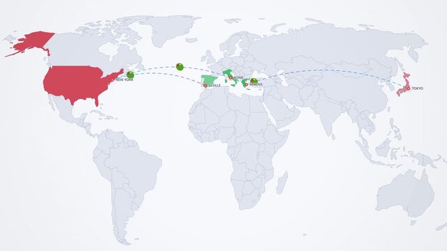 Olive Oil Export Routes on Light Map, Spain Italy Greece to USA Japan Animated Mediterranean Motion Graphics Seamless Loop, 4K
