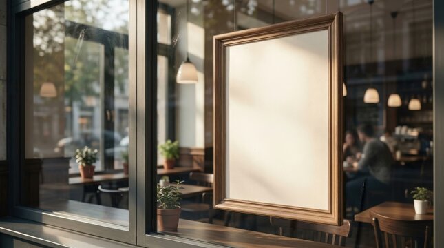 A blank vertical advertising poster frame hanging behind a glass window in a cozy cafe setting.