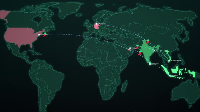 Spice Trade Routes on Dark Map, India Vietnam Indonesia Sri Lanka Pepper Chili Animated Motion Graphics Seamless Loop, 4K