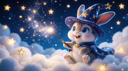 Fototapeta premium Cute cartoon rabbit wizard wears blue hat, cape. Small bunny casts magic wand with sparkling stars. Fluffy white clouds, night sky background create whimsical fantasy world. Adorable animal character