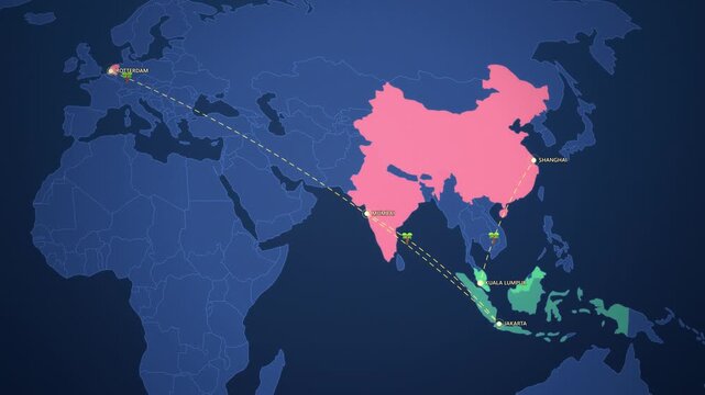 Palm Oil Shipping Routes on Corporate Map, Indonesia Malaysia to India China Europe Animated Motion Graphics Seamless Loop, 4K