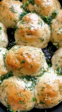 Freshly baked round bread , pampushki, garlic rolls topped with herbs arranged in a black bowl on a wooden cutting board against a dark stone surface