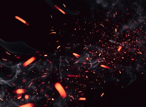 Bright orange fire sparks and glowing embers floating in the dark night air