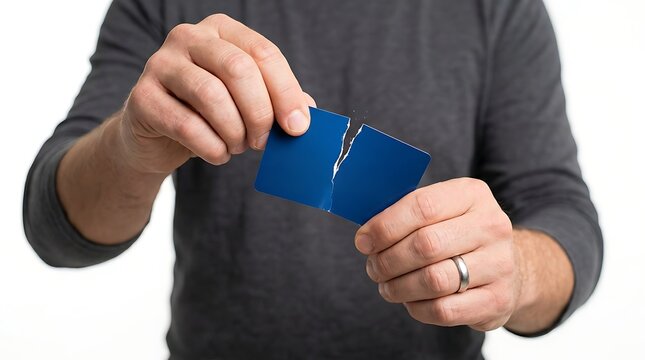 Person holding two halves of a broken blue plastic card against a plain white background with distinct pieces close person wearing grey close studio shot