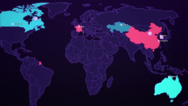 Uranium Supply Routes on Cyber Map, Kazakhstan Canada Australia to France China Korea Animated Nuclear Motion Graphics Seamless Loop, 4K