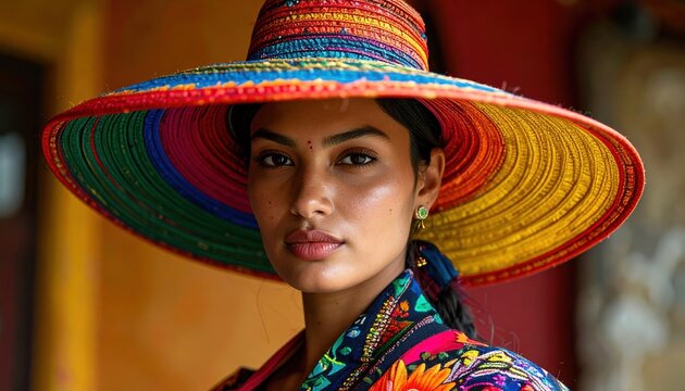 Fashion woman with extravagant colorful hat, vivid contemporary styling, editorial fashion photography,