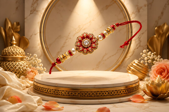 Elegant Raksha Bandhan Festival Background with Decorative Rakhi, Rakhi Purnima, Brother Sister Relationship, Traditional Rakhi Ceremony, Tilak, Kumkum, Akshat, Diya Lamp, Indian Mithai, Gifts