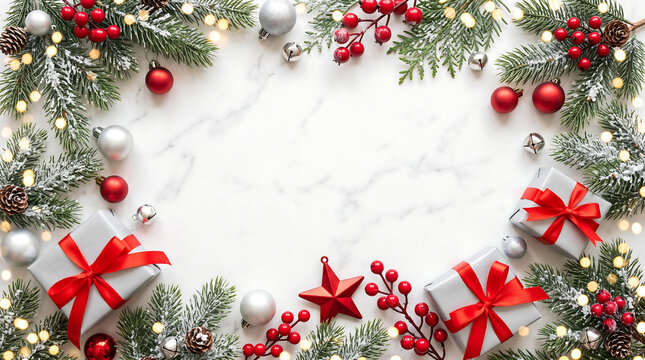A festive christmas arrangement presents berries and evergreen boughs on a marble surface