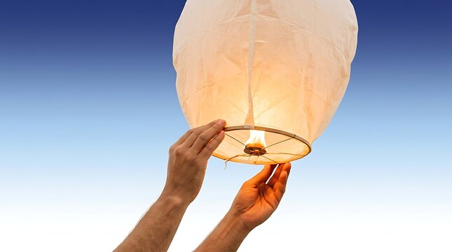 Hands releasing glowing paper lantern into clear blue sky during evening celebration symbolizing hope with gently holding glowing gradient sky twilight