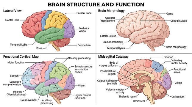 Educational diagram of human brain anatomy showing labeled regions