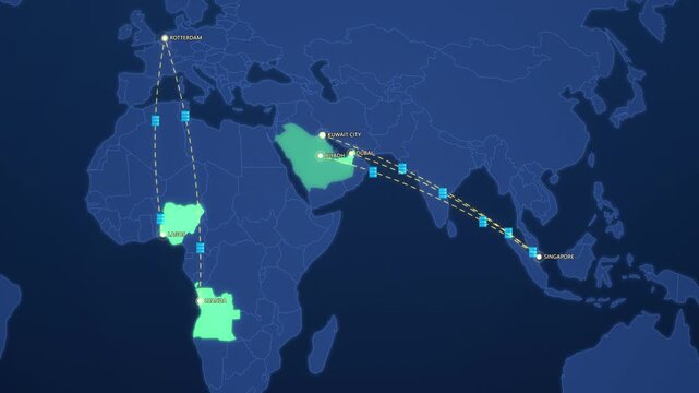 Oil Exporters Network on Corporate Map, Saudi Arabia Kuwait UAE Nigeria Angola Shipping Animated Motion Graphics Seamless Loop, 4K