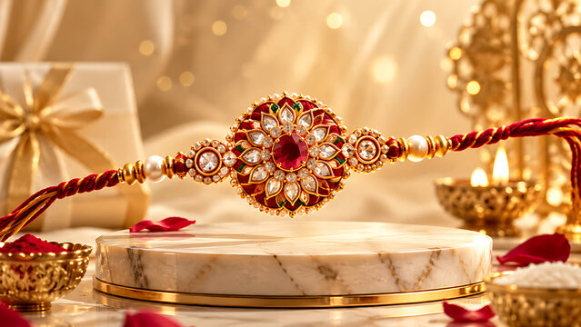 Elegant Raksha Bandhan Festival Background with Decorative Rakhi, Rakhi Purnima, Brother Sister Relationship, Traditional Rakhi Ceremony, Tilak, Kumkum, Akshat, Diya Lamp, Indian Mithai, Gifts