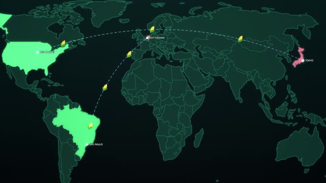 Ethanol Biofuel Export Routes on Dark Map, Brazil USA Corn Sugarcane Fuel Animated Green Energy Motion Graphics Seamless Loop, 4K