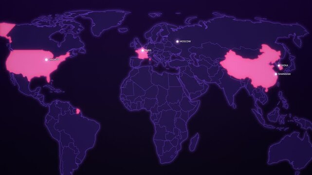 Nuclear Energy Countries Highlighted on Cyber Map, France China USA Korea Russia Animated Motion Graphics Seamless Loop, 4K