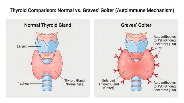 Medical illustration of normal thyroid gland versus graves' disease