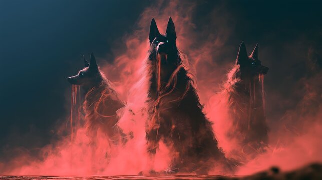 Ancient Greek myth underworld three-headed dog abstract light effect, three shadow dog heads rising from bottom, eerie green eyes and dark red light, serpentine patterns around necks, black void solem