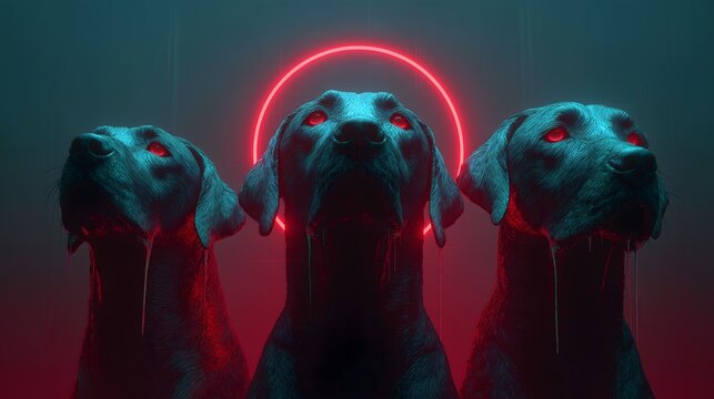 Ancient Greek myth underworld three-headed dog abstract light effect, three shadow dog heads rising from bottom, eerie green eyes and dark red light, serpentine patterns around necks, black void solem