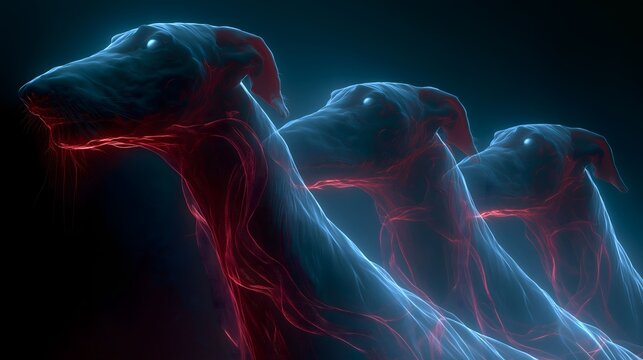 Ancient Greek myth underworld three-headed dog abstract light effect, three shadow dog heads rising from bottom, eerie green eyes and dark red light, serpentine patterns around necks, black void solem