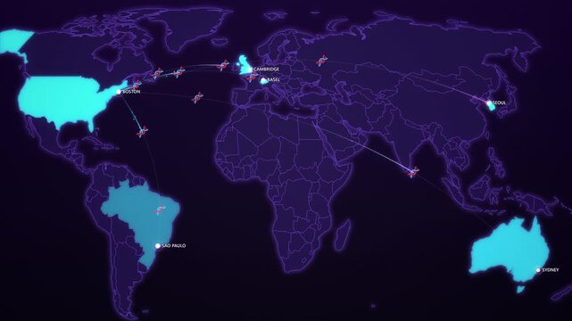 Global Clinical Trials Network on Cyber Map, USA Switzerland Korea Australia Brazil Animated Motion Graphics Seamless Loop, 4K