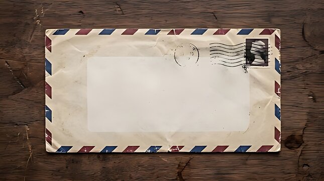 Old vintage airmail envelope with red and blue border stamp and postmark