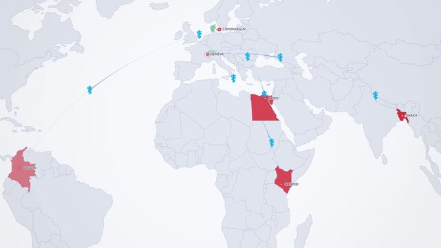Humanitarian Medical Aid Routes on Light Map, Geneva Copenhagen to Crisis Regions Animated Motion Graphics Seamless Loop, 4K
