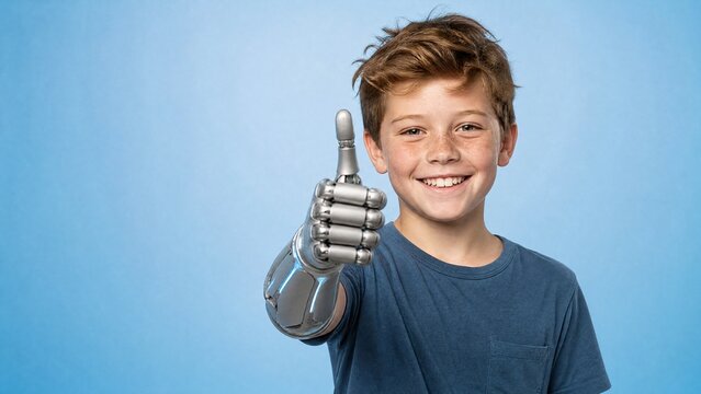 Child with a bionic prosthetic hand giving a joyful thumbs up radiating confidence empowerment and the promise of medical technology