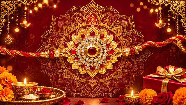 Raksha Bandhan Festival Celebration with Traditional Rakhi, Brother and Sister Bond, Rakhi Purnima, Rakhi Ceremony, Tilak, Kumkum, Akshat, Diya, Indian Sweets, Gifts, Flowers, Family Love, Protection