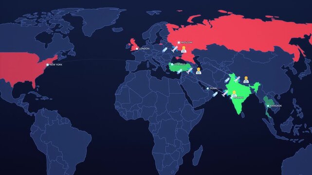 Medical Tourism Flight Routes on Light Map, to Thailand Turkey India Treatment Travel Animated Motion Graphics Seamless Loop, 4K