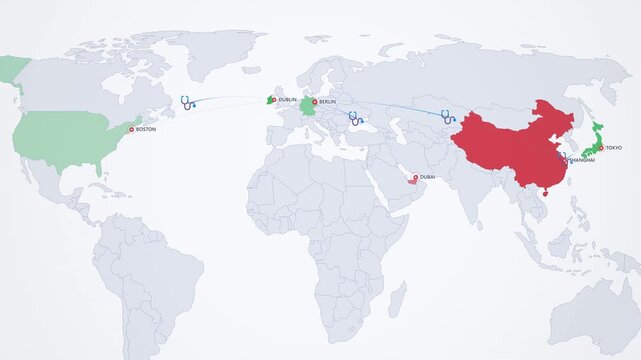 Medical Devices Export Routes on Corporate Map, USA Germany Japan Ireland Animated Healthcare Motion Graphics Seamless Loop, 4K