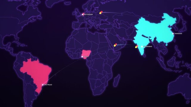 Antibiotics Supply Routes on Cyber Map, China India Manufacturing to World Animated Pharma Motion Graphics Seamless Loop, 4K