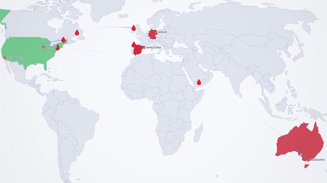 Blood Plasma Supply Routes on Light Map, USA to Germany Spain Australia Animated Healthcare Motion Graphics Seamless Loop, 4K