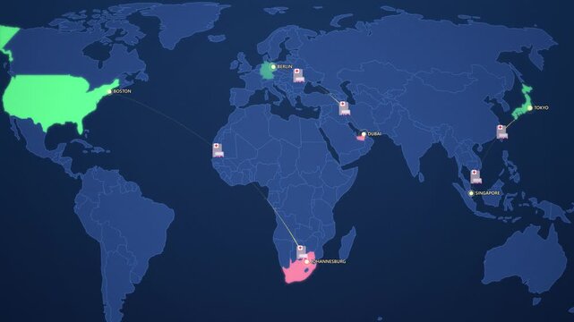 Hospital Equipment Supply Routes on Corporate Map, Germany Japan USA Exports Animated Healthcare Motion Graphics Seamless Loop, 4K