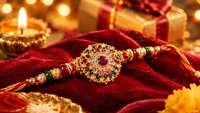 Raksha Bandhan Festival Celebration with Traditional Rakhi, Brother and Sister Bond, Rakhi Purnima, Rakhi Ceremony, Tilak, Kumkum, Akshat, Diya, Indian Sweets, Gifts, Flowers, Family Love, Protection