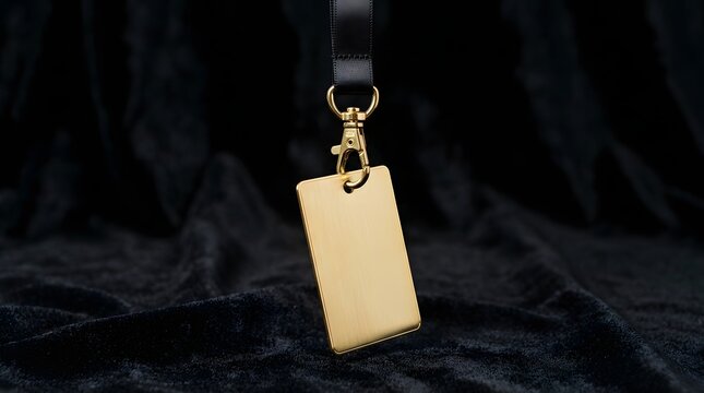 Blank gold metal tag hanging from a black lanyard with a golden clasp, set against a rich, dark velvet fabric background, showcasing a premium, luxurious, and elegant design for copy space.