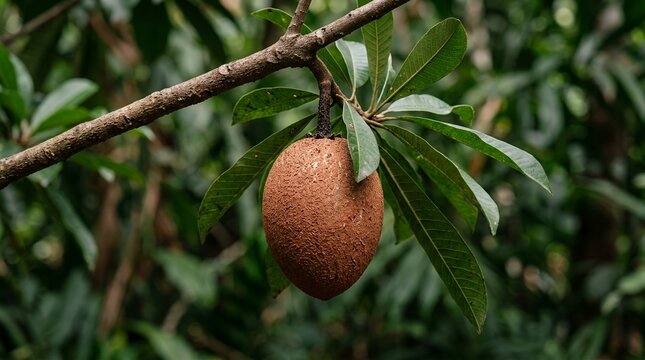 Ripe sapodilla fruit hanging on a leafy tree branch.