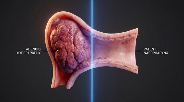Adenoid hypertrophy blocks nasal passage in throat