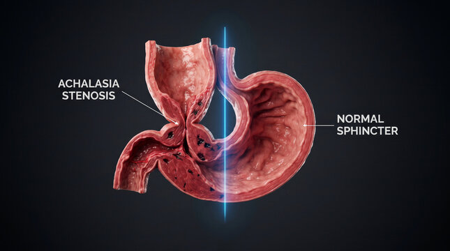 Achalasia stenosis vs normal sphincter in digestive system