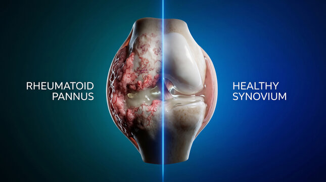 Rheumatoid pannus tissue compared to healthy synovium in joint