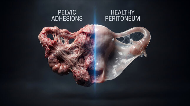 Pelvic adhesions contrasted against healthy peritoneum in medical visualization