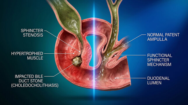 Impacted bile duct stone obstructing sphincter in biliary tract