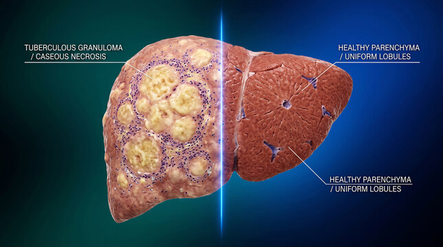 Liver showing tuberculous granuloma versus healthy tissue