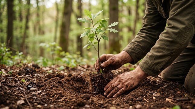 Close up of hands planting young oak seedling tree into forest soil, reforestation and environmental conservation, sustainable ecology and nature restoration project activity