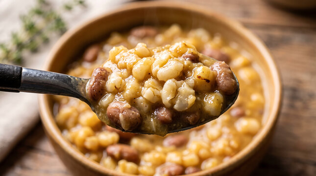 Hearty Bean and Grain Stew: A close-up shot of a rustic wooden bowl filled with a comforting and nutritious stew, featuring a blend of tender beans and wholesome grains.