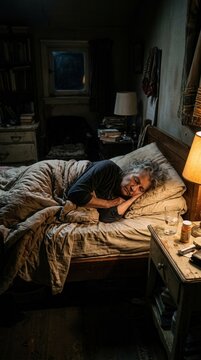 Elderly Woman Sleeping Peacefully In A Dimly Lit Bedroom At Night
