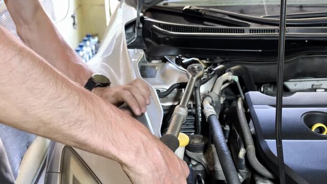 Male mechanic using a ratchet wrench to tighten bolts on a car engine in a garage, showcasing detailed work on automotive components and tools