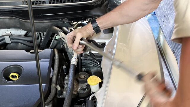 Male mechanic using a ratchet wrench to tighten bolts on a car engine in a garage, showcasing detailed work on automotive components and tools