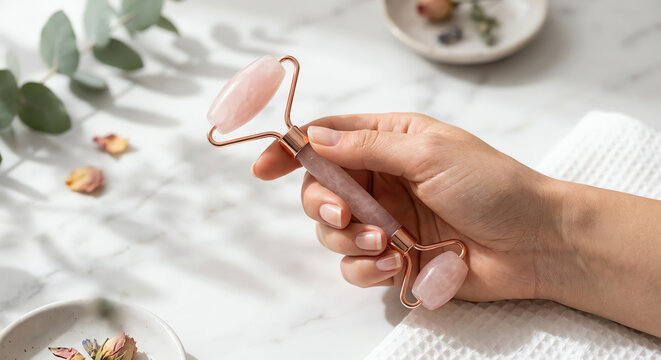 Person holding rose quartz facial roller on marble surface