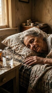 Elderly Woman Sleeping Peacefully In Bed Near Window