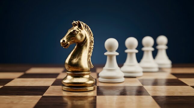 A polished golden chess knight piece stands prominently in sharp focus on a wooden chessboard, with a line of out-of-focus white pawns in the background against a deep dark blue wall, symbolizing stra