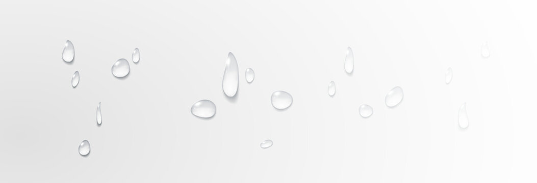 Realistic vector water drops png on a transparent light background. Water condensation on the surface with light reflection and realistic shadow. 3d vector illustration